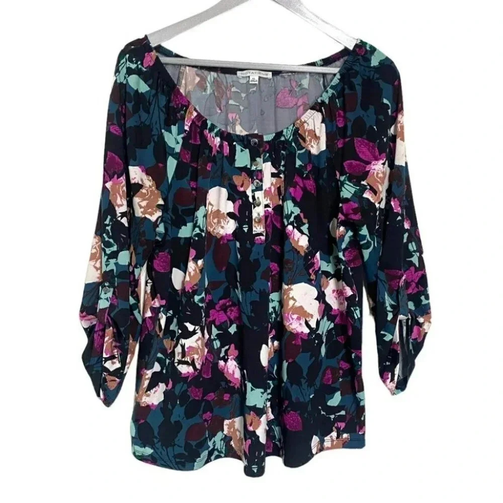Notations Floral Blouse‎ XL Multicolor 3/4 Sleeve Button Scoop Neck MITU5218